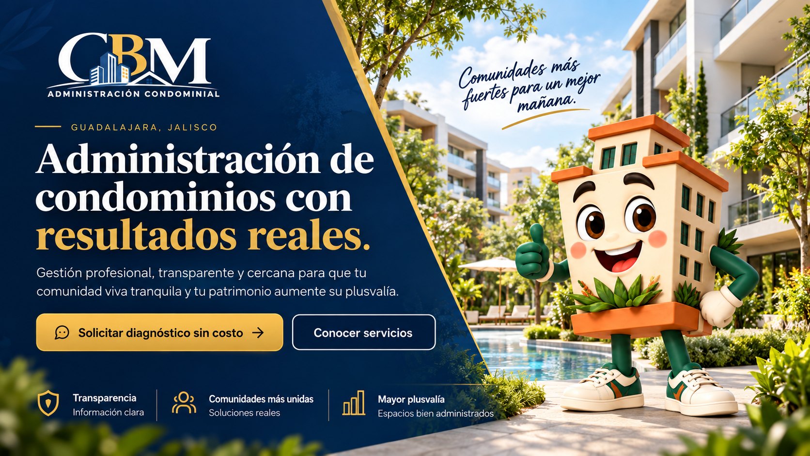 CBM Administración Condominial, Guadalajara, Jalisco: administración de condominios con resultados reales. La mascota de CBM, un edificio sonriente, saluda con el pulgar arriba junto a la alberca de un condominio residencial con jardines.